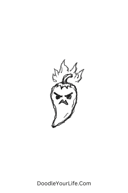 A doodle of an angry chili pepper with bold face, food doodles step by step