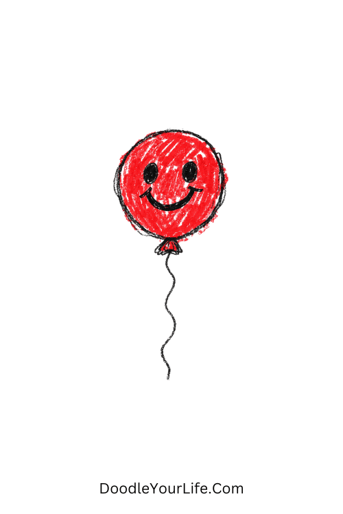 A doodle of single balloon with happy face and string, balloon doodle birthday