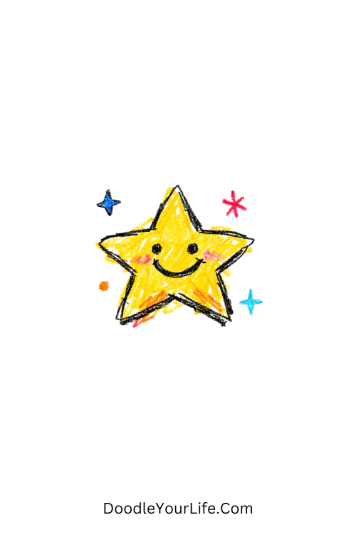 A doodle of smiling star with sparkles, aesthetic birthday doodles