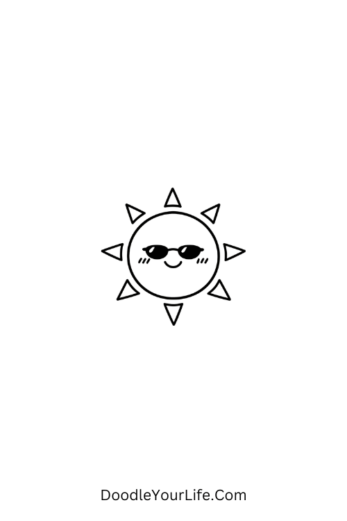 A doodle of blushing sun wearing sunglasses, kawaii doodles drawing ideas