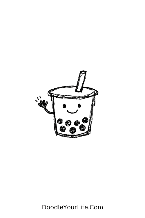 A doodle of a bubble tea cup with pearls and wave, food doodle stickers