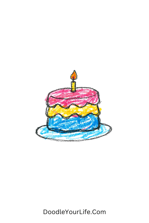 A doodle of layered cake with wavy lines and candle, happy birthday doodle drawing