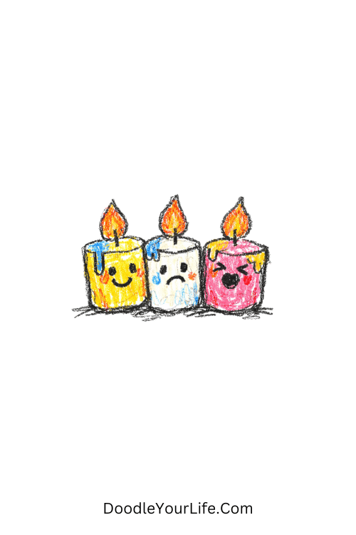 A doodle of three candles with cute faces, simple birthday doodles