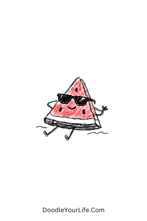 A doodle of a chill watermelon slice with sunglasses, minimal food doodles
