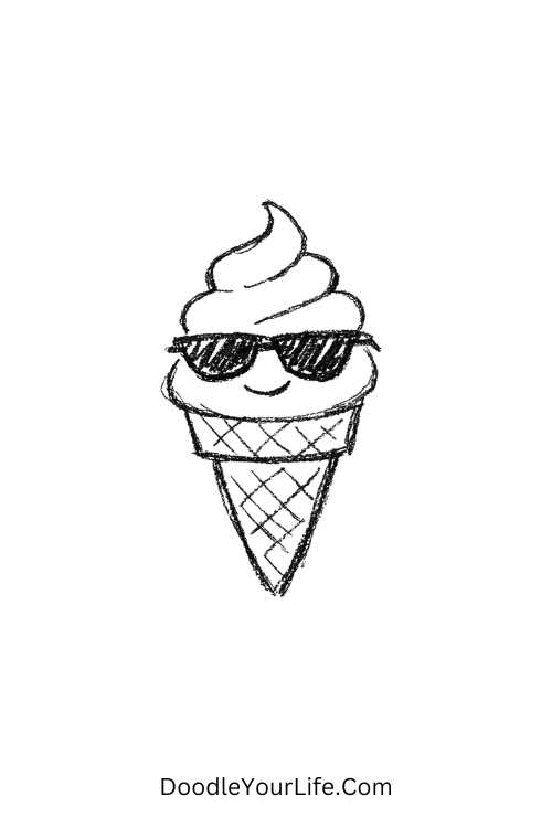 A doodle of a cool ice cream cone with sunglasses, kawaii food doodles