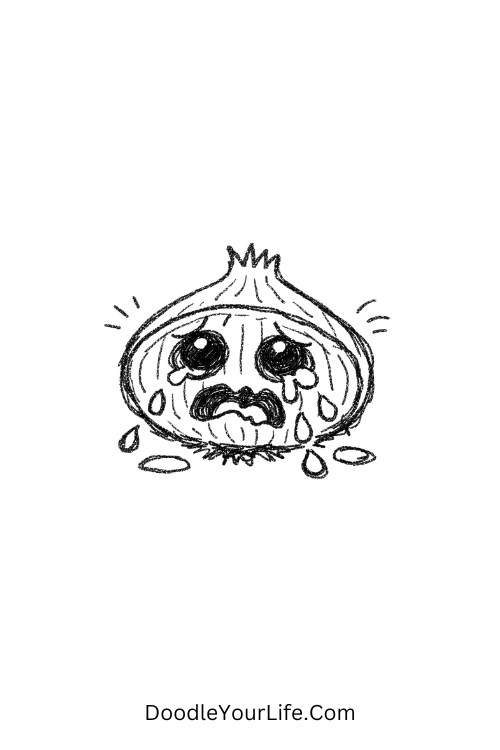 A doodle of a crying onion with teary eyes, food doodles for kids