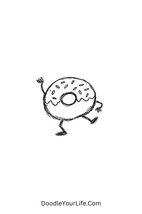 A doodle of a dancing sprinkle donut with tiny legs, dessert doodles