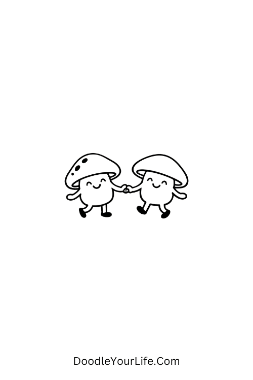 A doodle of two dancing mushrooms holding hands, kawaii doodles easy