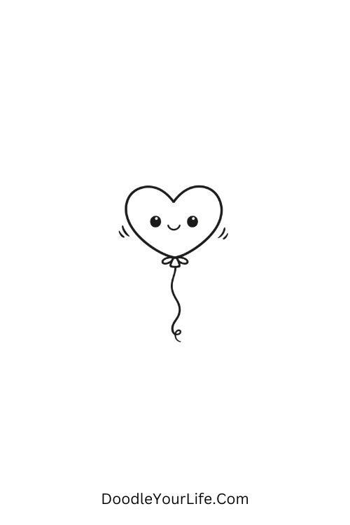 A doodle of floating heart balloon with face, kawaii doodles pinterest