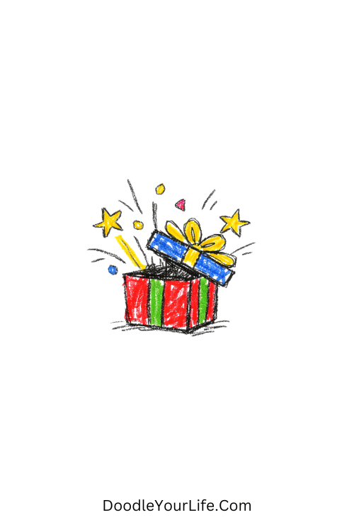 A doodle of gift box with sparkles popping out, birthday doodle ideas