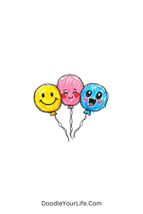 A doodle of three balloons with different faces, birthday doodles for kids