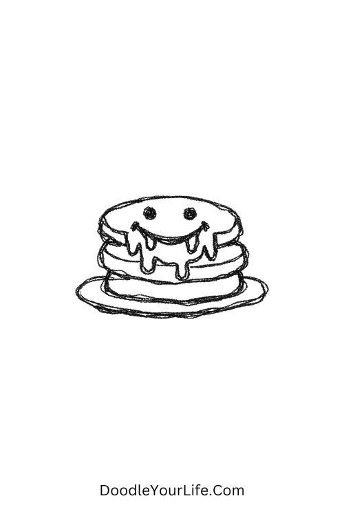 A doodle of a happy pancake stack with syrup smile, food doodle drawing