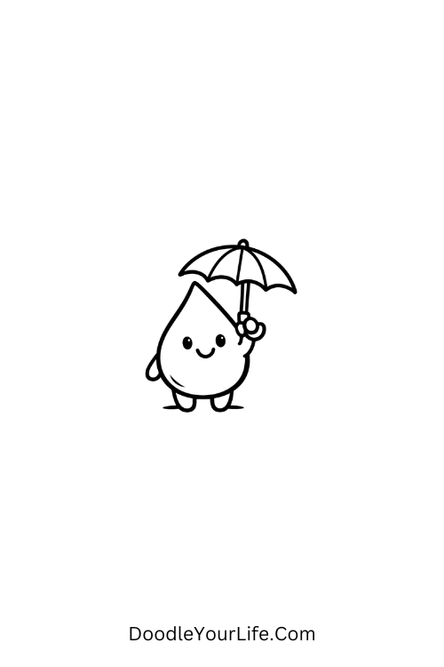 A doodle of happy raindrop holding umbrella, fall kawaii doodles