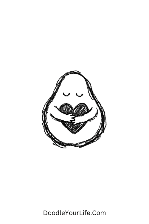 A doodle of a hugging avocado with heart seed, food doodle ideas