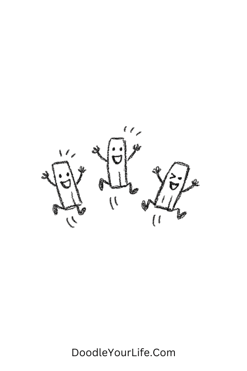 A doodle of jumping french fries with happy faces, food doodle clipart