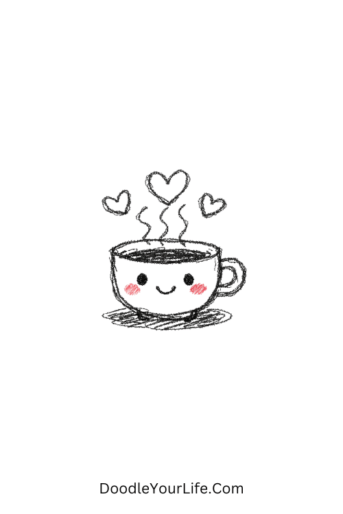 A doodle of a kawaii coffee cup with heart steam, aesthetic food doodles