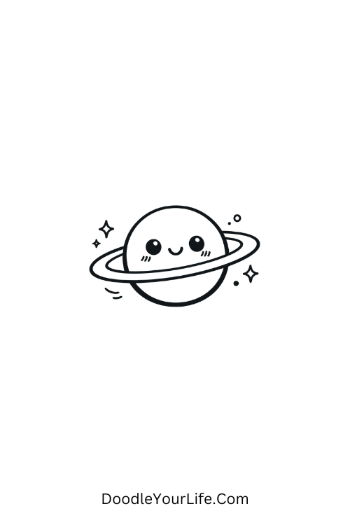 A doodle of kawaii planet with ring smiling, kawaii doodles coloring pages