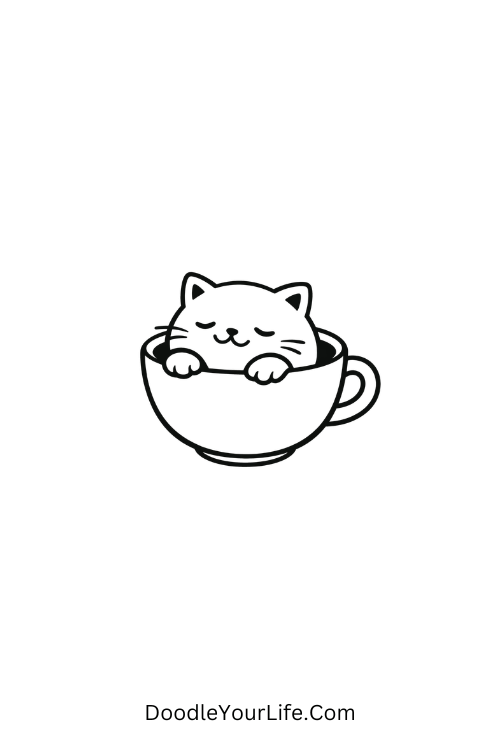 A doodle of lazy cat sitting in teacup smiling, kawaii doodles animals