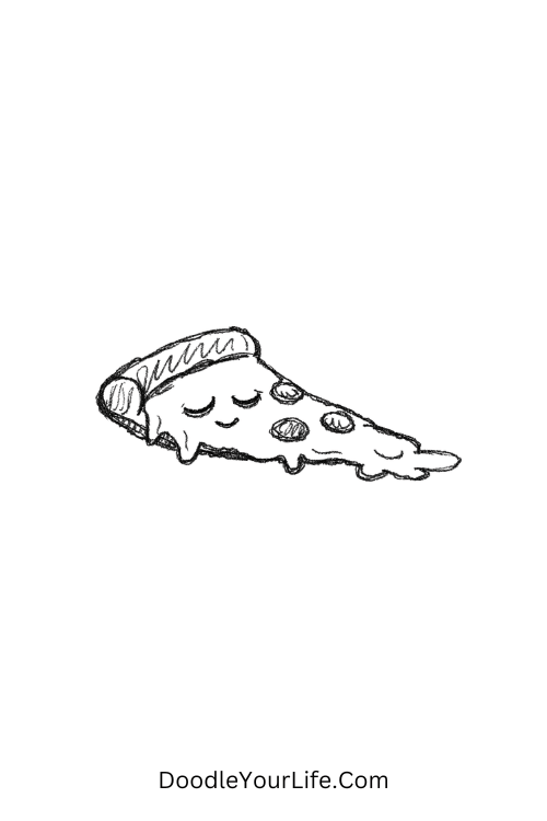 A doodle of a lazy pizza slice with sleepy eyes, easy food doodles