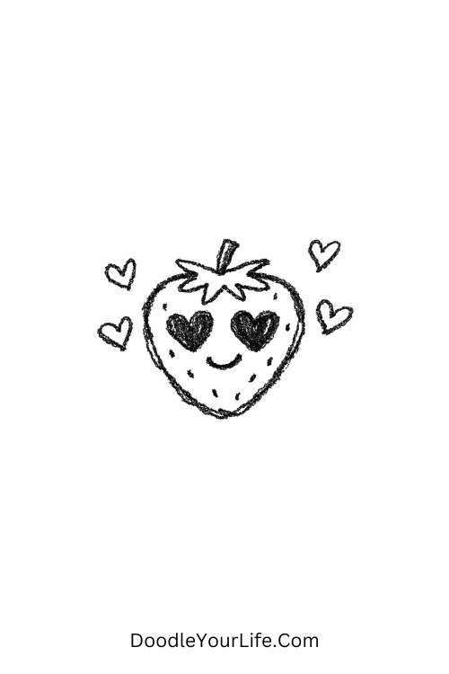A doodle of a love-struck strawberry with heart eyes, food doodle art