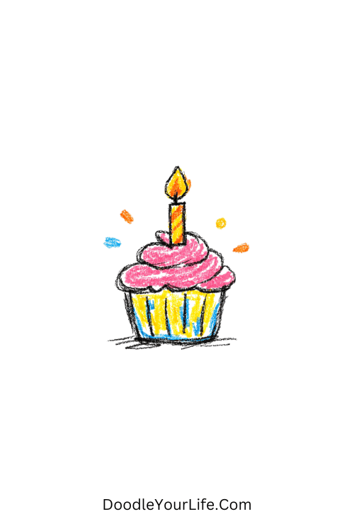 A doodle of cupcake with candle and soft icing, birthday doodles easy