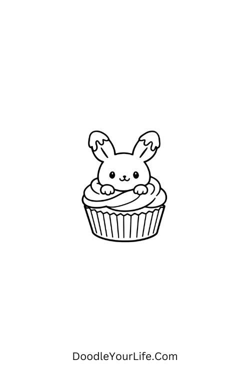 A doodle of bunny popping out of cupcake, kawaii doodles for kids