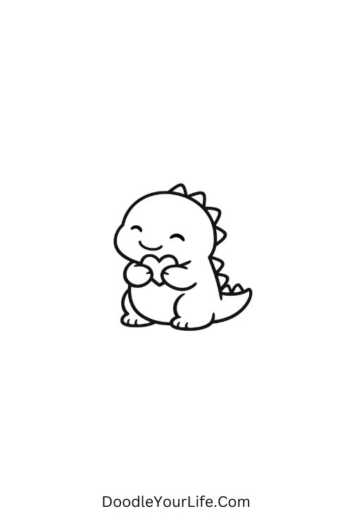 A doodle of dinosaur holding heart smiling, kawaii doodles bat drawing