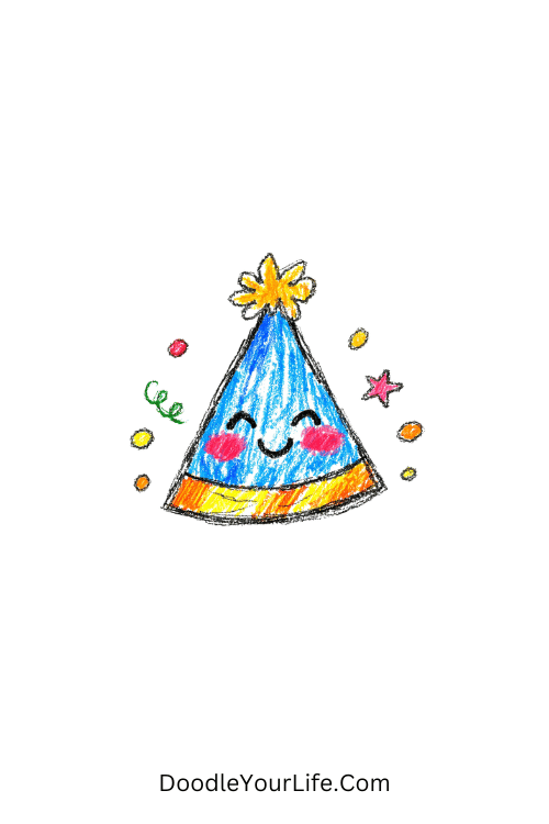 A doodle of party hat with blush and confetti, cute birthday doodles