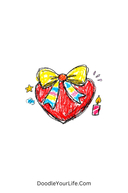A doodle of heart gift with ribbon, happy birthday lettering doodles