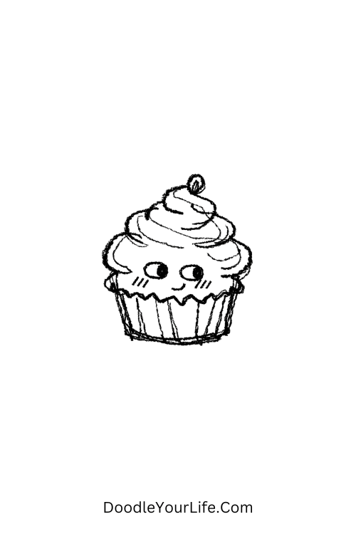 A doodle of a shy cupcake with soft frosting face, food doodle coloring pages