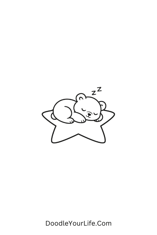 A doodle of sleeping bear on star cozy pose, kawaii doodles for beginners