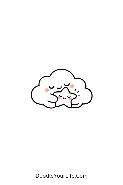 A doodle of sleepy cloud hugging star with blush face, kawaii doodles aesthetic