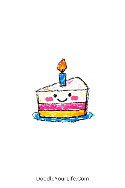 A doodle of smiling cake slice with candle and face, birthday cake doodle