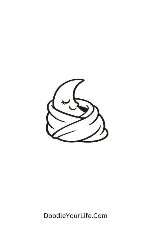 A doodle of smiling moon wrapped in blanket, kawaii doodles sketch ideas