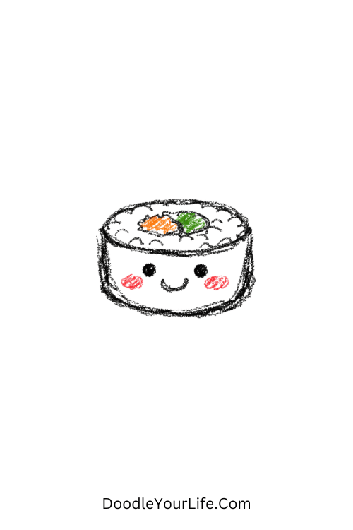 A doodle of a smiling sushi roll with blushing cheeks, cute food doodles
