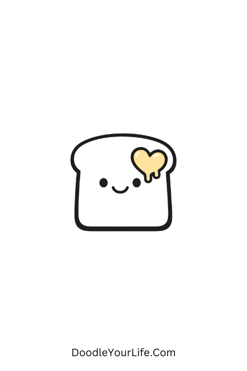 A doodle of toast with butter heart smiling, kawaii doodles step by step