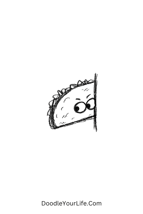 A doodle of a sneaky taco peeking with playful eyes, food doodle sketch