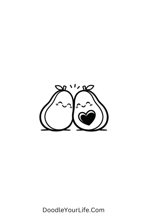 A doodle of avocado couple with heart seed, cute kawaii doodles