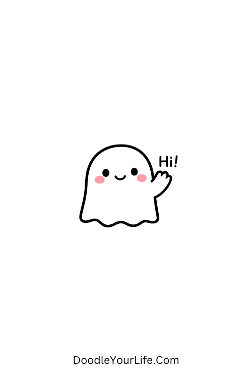 A doodle of tiny ghost waving with blush cheeks, kawaii doodles ghosts