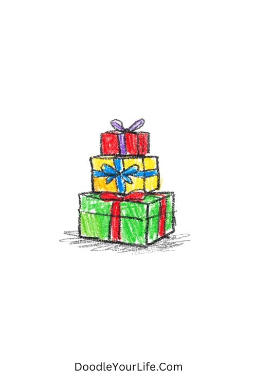 A doodle of stacked gift boxes with ribbons, birthday doodle card ideas