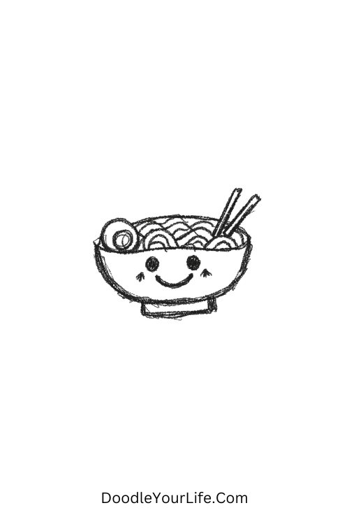 A doodle of a tiny ramen bowl with smiling noodles, how to draw food doodles