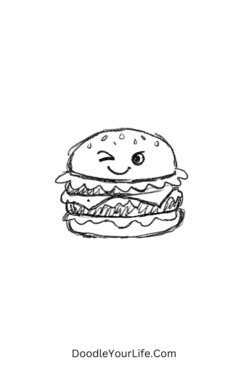 A doodle of a winking burger with playful expression, cartoon food doodles