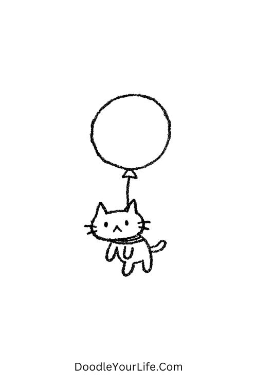 A doodle of a minimal cat lifted by a balloon, simple doodle drawings