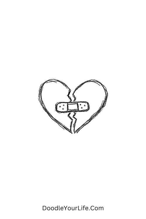 A doodle of a broken heart held with a bandage, simple doodles for beginners