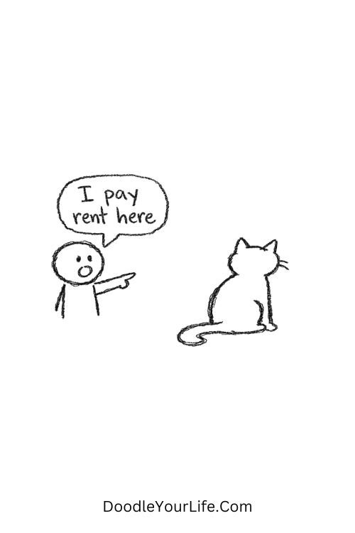 A doodle of a cat ignoring a human saying “I pay rent here”, funny doodles animals