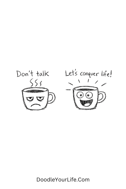 A doodle of two coffee cups before and after energy change, funny doodles cartoon