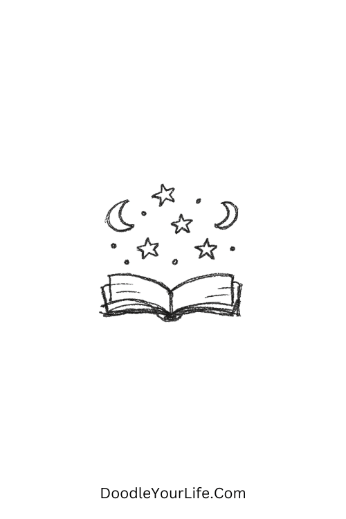 A doodle of an open book with floating stars and moons, easy cute doodles to draw