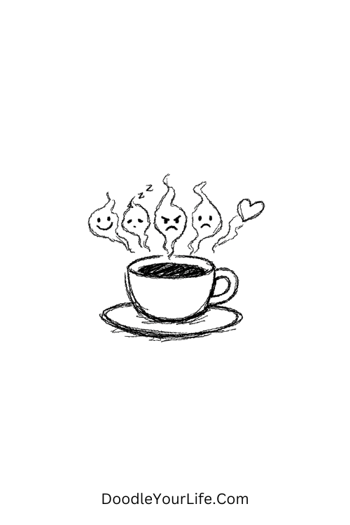 A doodle of a coffee cup with steam showing tiny emotions, cute doodle art