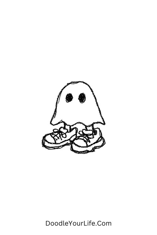 A doodle of a tiny ghost wearing oversized shoes, minimalistic doodle art