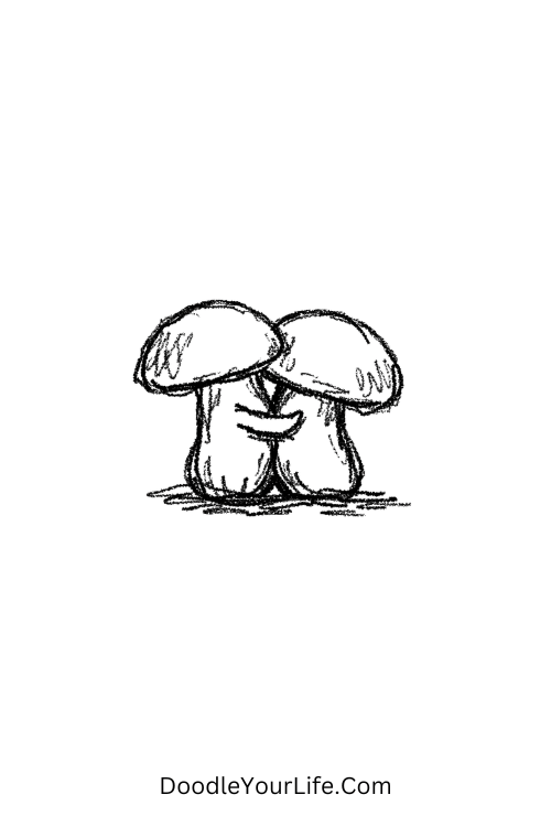 A doodle of two mushrooms leaning into each other, simple doodle exercises